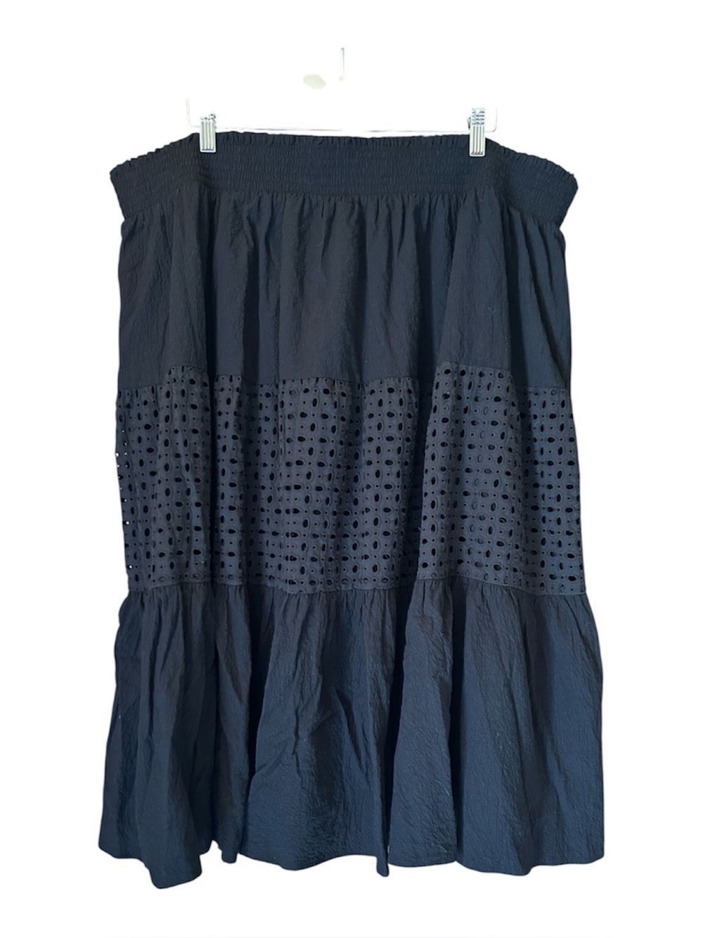 NINE‎ WEST Women's Plus Size 2X Black Eyelet Lace Tiered Smocked Midi Skirt